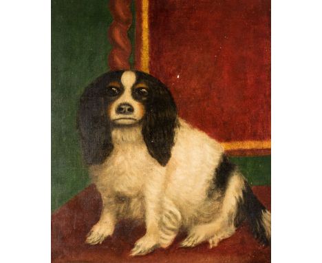 *ENGLISH SCHOOL (LATE 19TH CENTURY) KING CHARLES SPANIEL ON CUSHION oil on canvas 45 cm by 39 cm; 17 3/4 in by 15 1/2 in fram