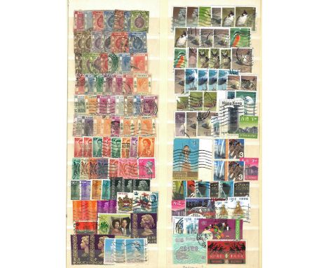 Commonwealth stamp collection in red stock book 16 pages full of stamps countries featured include Hong Kong, New Zealand, Ba