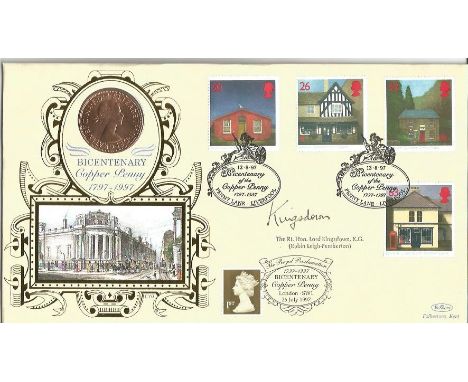 Bicentenary Copper Penny signed FDC PNC. 1 copper penny coin inset. Signed The Rt. Hon. Lord Kingsdown K. G. Good Condition. 