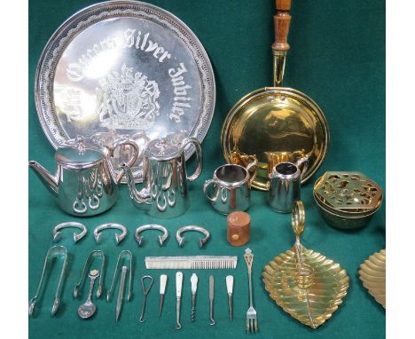 MIXED LOT OF SILVER PLATEDWARE INCLUDING FOUR PIECE TEA SET, NAPKIN RINGS, TRAY, FLATWARE, ETC.  ALSO BRASS WARE, VANITY ITEM