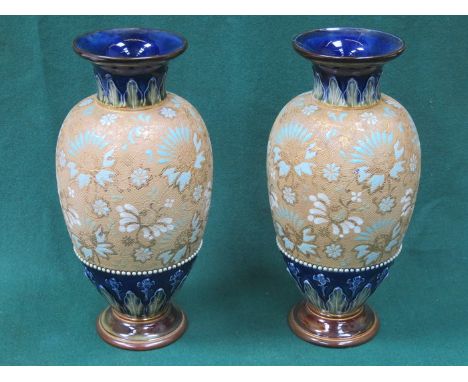 PAIR OF HANDPAINTED AND GILDED DOULTON & SLATERS PATENT CERAMIC VASES WITH FLORAL DECORATION, ONE AT FAULT, APPROXIMATELY 30c