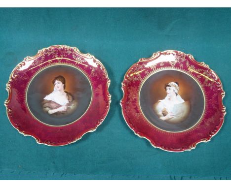 PAIR OF BAVARIAN WAVE EDGE GILDED CERAMIC WALL PLAQUES, DEPICTING SCENES FROM REMBRANDT PORTRAIT, DIAMETER APPROXIMATELY 33cm