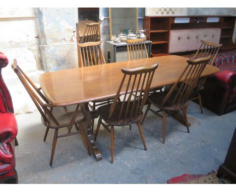 ERCOL STYLE OAK REFECTORY DINING TABLE + ERCOL OAK SIX (4+2) STICK BACK CHAIRS