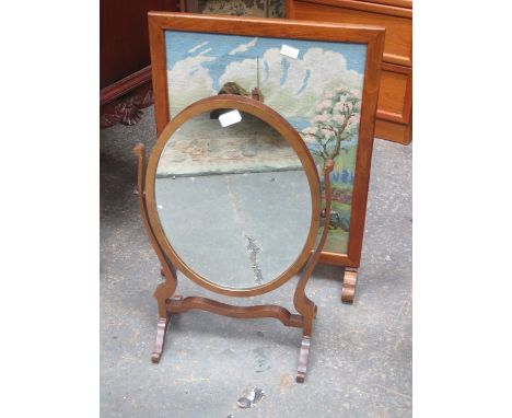 EMBROIDERED FIRESCREEN AND VICTORIAN SWING MIRROR 