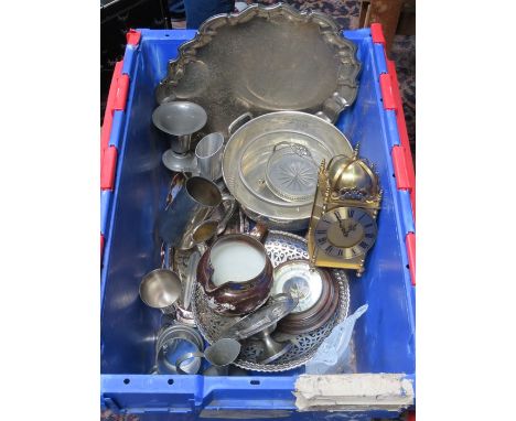 PARCEL OF VARIOUS SILVER PLATED WARE, PEWTER, ETC.  ALSO MURANO STYLE GLASS, BAROMETER AND CLOCK 