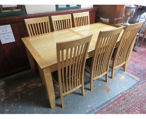 LIGHT OAK EXTENDING DINING TABLE WITH ONE LEAF AND SIX CHAIRS 