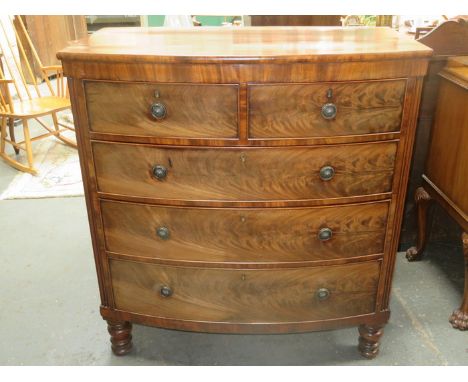 BOW FRONTED VICTORIAN MAHOGANY TWO OVER THREE CHEST OF DRAWERS 