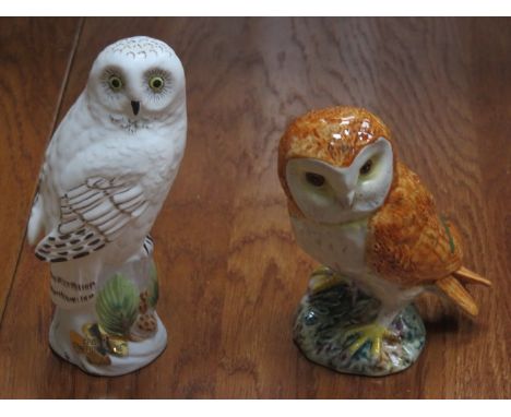 BESWICK GLAZED CERAMIC OWL AND STAFFORDSHIRE UNGLAZED CERAMIC SNOWY OWL 