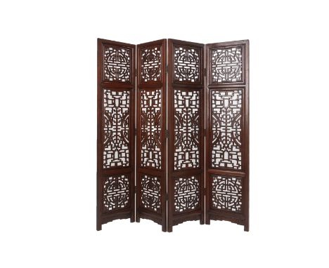 A CHINESE FOUR FOLD WOOD SCREEN The design of the lattice panels forming shou symbols Each panel : 184cm high x 46cm wide Con