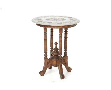 A TEAK OCCASIONAL TABLE WITH INLAID MARBLE TOP
The circular marble top inlaid with floral decoration
53.5cm diameter; 65cm hi