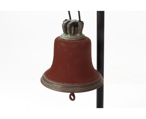 A LARGE BRONZE FIRE BELL
Partially red painted, on modern metal stand
The bell 31cm high, the stand 77cm high
Condition: For 