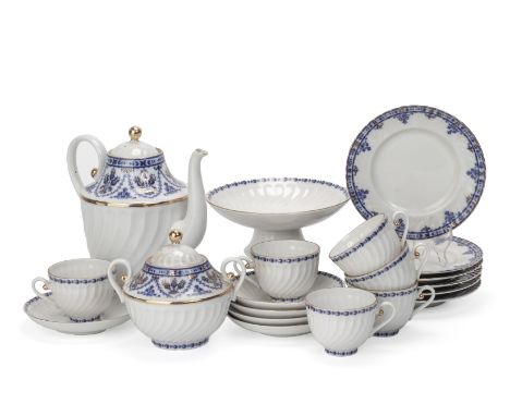 A LOMONOSOV PORCELAIN PART COFFEE SERVICE
Spirally fluted with blue and gilt borders, comprising: a coffee pot; twin handled 