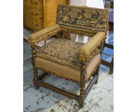 OPEN ARMCHAIR, Jacobean style oak with 17th/18th century Flemish verdu tapestry back and squab cushion, 65cm W. (with faults)