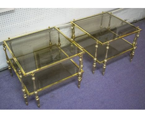 LAMP TABLES, a pair, mid 20th century Italian brass with two square tinted glass tiers, 41cm H x 59cm W. (2)
