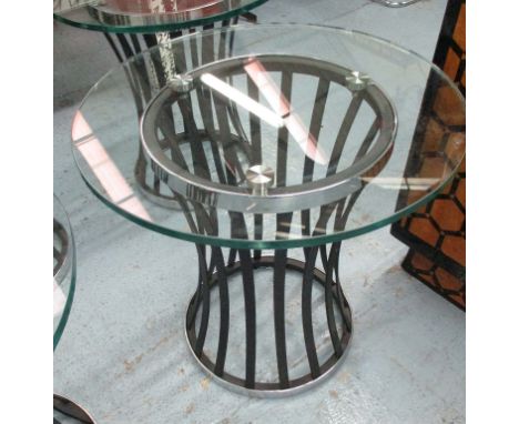 LAMP TABLES, a pair, circular on black metal bases, 60cm dia x 59cm H. (2)
