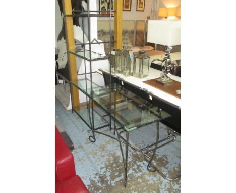 CONSOLE TABLE, chiselled glass top over steel supports, along with a matching set of open bookshelves, 200cm H x 84cm W x 30c