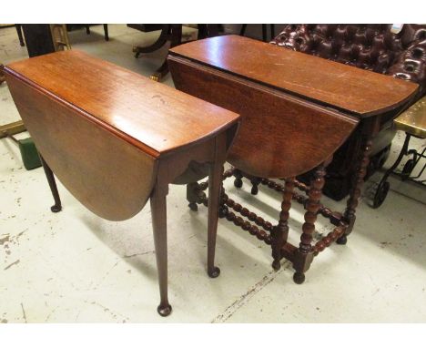 GATELEG TABLE, Georgian oak on bobbin turned legs, 75cm H x 41cm x 88cm, 104cm open and a George III oak dropleaf table, also