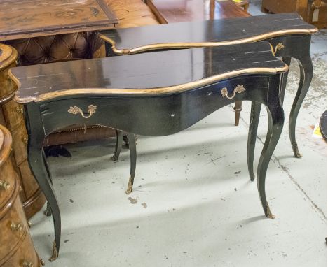 CONSOLE TABLES, a pair, black lacquer with gilt detail of serpentine form, each 110cm x 36cm x 79cm H. (2)