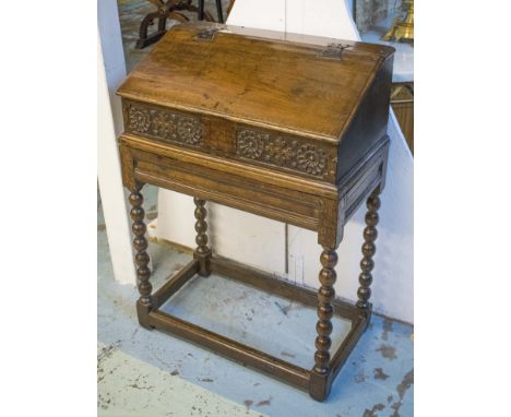 BIBLE BOX ON STAND, 17th century oak with hinged slope, initialed E.P. on associated bobbin turned legs, 91cm H x 65cm x 36cm