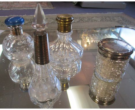 DRESSING TABLE BOTTLE, 1920s silver and enamel top, plus three various others, tallest 16cm H. (with faults) (4)