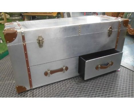 TRUNK, aviation style in aluminium cladding with lift up lid and two drawers below, 111cm x 40cm x 50cm H.