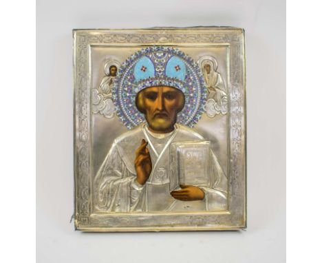 RUSSIAN ICON, depicting St. Nicholas, hallmarked silver oklad with coloured enamel halo, 31.5cm H x 26.5cm W.