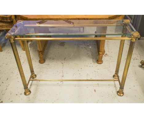 CONSOLE TABLE, brass with inset bevelled canted corner glass top, 77cm H x 114cm x 35cm.