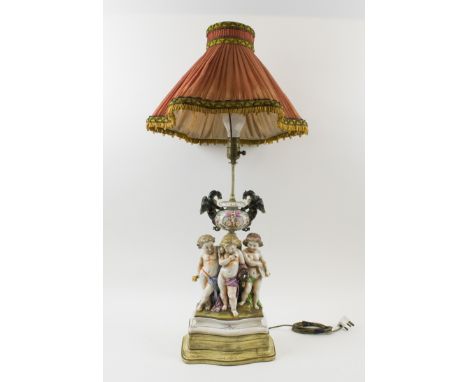 DRESDEN STYLE TABLE LAMP,  ceramic with three cherubic figure on a plinth, 44cm H.