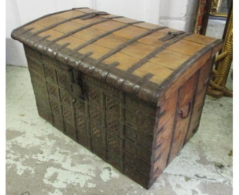 INDIAN TRUNK, teak and iron bound with a rectangular rising top enclosing space for storage and a handle to each side, 77cm W