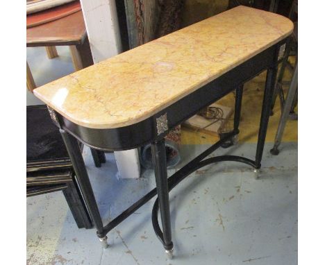 CONSOLE TABLE, Louis XVI style ebonised with a marble top on fluted turned supports joined by stretchers, 95cm W x 31cm D x 7