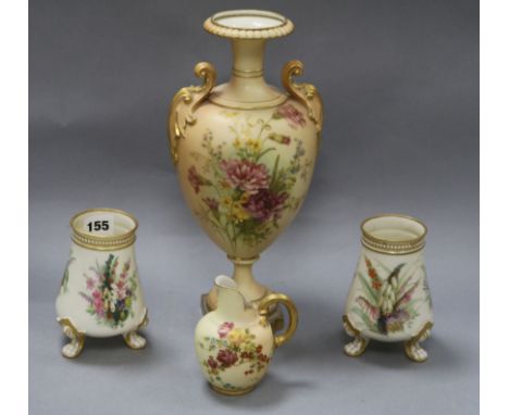 A Royal Worcester blush ivory vase and a jug and a pair of Royal Worcester ivory ground vases tallest 31.5cm