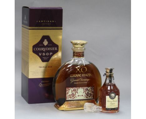 Two bottles of cognac -VIP XO Frapin 70cl., Courvoisier Artisan Edition Triple oak, 1 litre and a cherry brandy liqueur