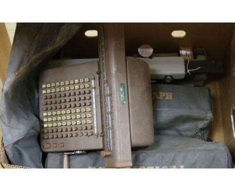 Four items of vintage office equipment, including two Halsby & Co Ltd Protectograph cheque writers, with original plastic cov
