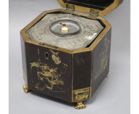 A 19th century Chinese export lacquer tea caddy, with pewter cannister height 17cm