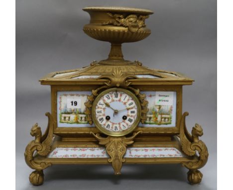 A French gilt metal and porcelain mantel clock height 39cm