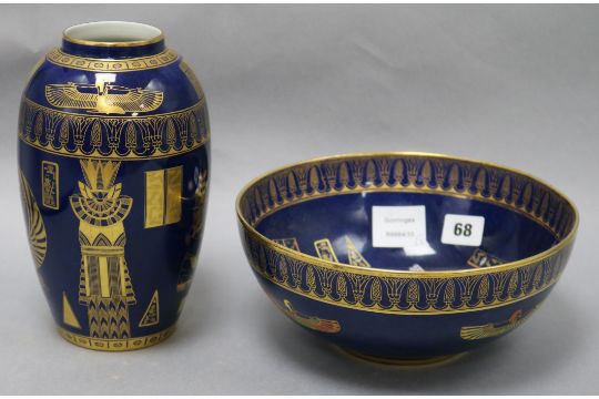 A Carlton Ware Tutankhamun Pattern Powder Blue Vase 2710 And Bowl