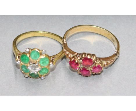 A gold diamond and emerald cluster ring, marks rubbed, size K and a 9ct gold gem set ring, size O