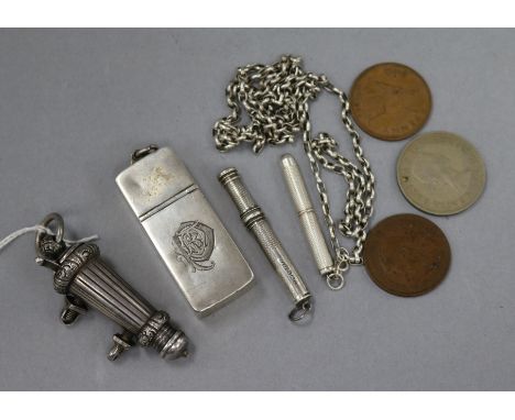 A rifleman's light infantry whistle, vesta, two silver pencils and three coins