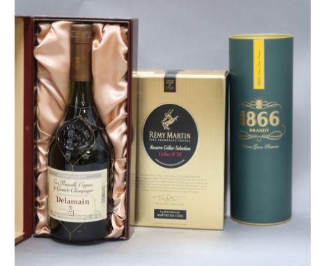 Two bottles of champagne cognac - Remy Martin Reserve Cellar selection Cellar No. 28 70cl., Delamain 70cl., 1866 Brandy Soler