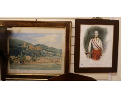 After Krichuber, colour lithograph, portrait of Johann Von Osterreich 1848, 48 x 37cm and a watercolour view of an Austrian t