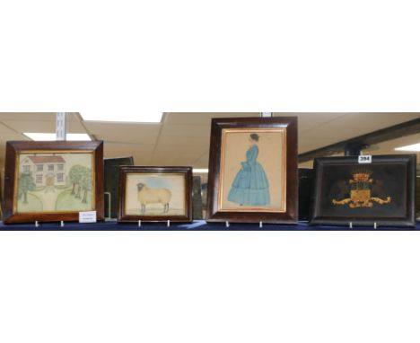 A 19th century armorial funerary hatchment, 25 x19cm and 19th century English School, three watercolours, naive studies, port