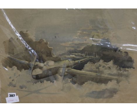 After Paul Nash, colour lithograph, bomber in flight, 41 x 34cm, unframed