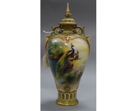 A Royal Worcester 'peacock' vase and cover height 33cm