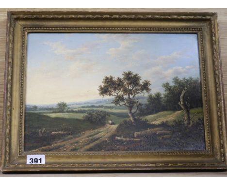 Patrick Nasmyth, oil on wooden panel, travellers in a landscape, signed, 23 x 32cm