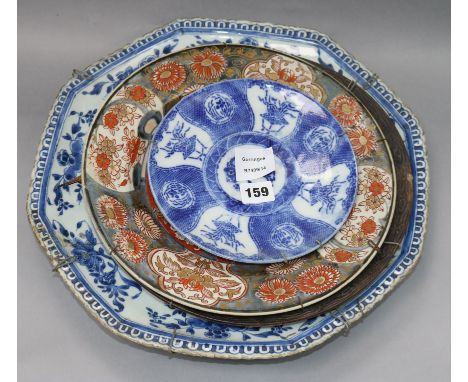 A Kangxi blue and white dish, an Arita dish, a crackleglaze dish and a Japanese blue and white dish largest diameter 40cm