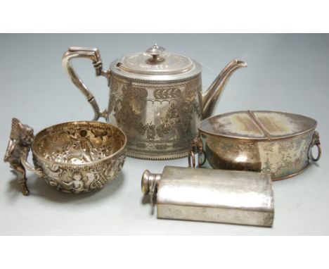 A circa 1900 continental white metal and embossed sugar bowl with attendant cupid and plated wares to include; hip flask, tea