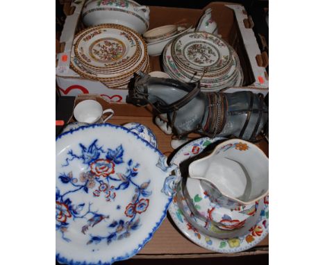 Two boxes of miscellaneous items to include; pair of modern blue and white ginger jars and covers, Masons Ironstone jug and b
