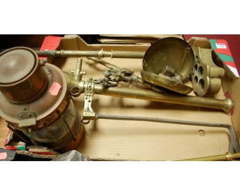 Metalwares to include; The Iron Arm Pump, brass balance scale with weights, and a copper lantern (3)