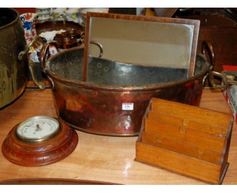 Mixed lot to include; copper foot bath, oak cased aneroid wall barometer, oak stationery rack and an inlaid wall mirror (4)