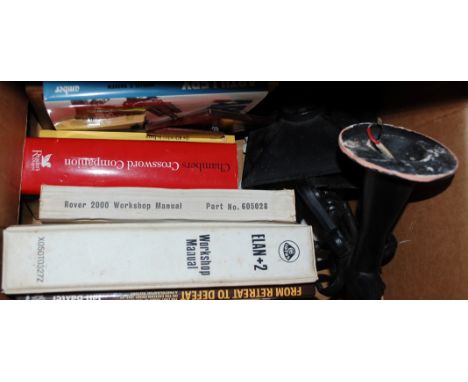 Box of miscellaneous to include workshop manual, crossword companion, wall light